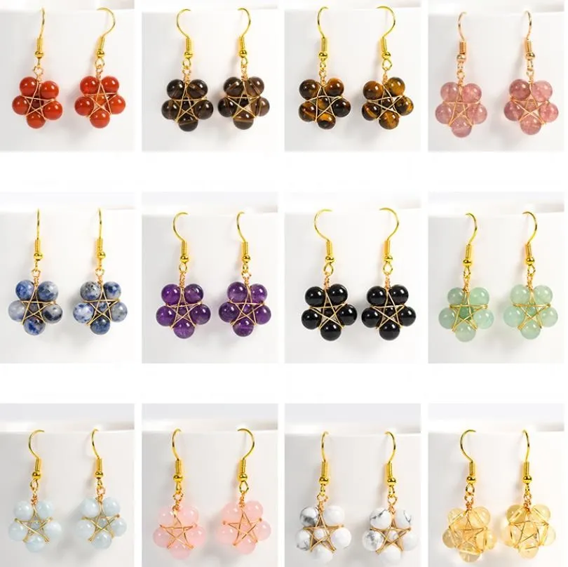 6mm Stone Ball Flower Shape Pendant Wire Wrapped Star Earrings Healing Reiki Jade Chakra Dangle Jewelry Wholesale