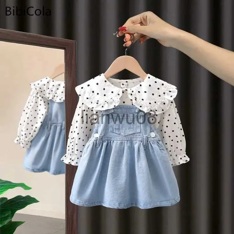 Kleding Sets Meisje Baby Jurk Bandje Jurk Set Kinderkleding Pak Polka Dot Print Top Denim Jurk Kinderen Shirt Lange Mouw Jurk 2 Stuks Set x0803