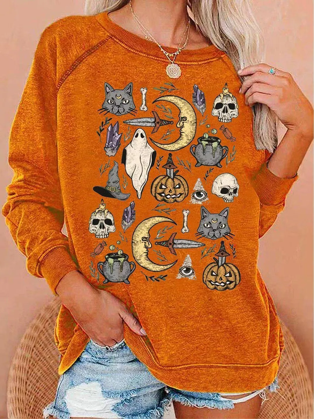 Hbp Halloween Desinger pour les femmes Imprimer Sweats à capuche Jumper Skull Beast Citrouille Motif numérique imprimé col rond à manches longues Mode Hommes Femmes Sweat à capuche