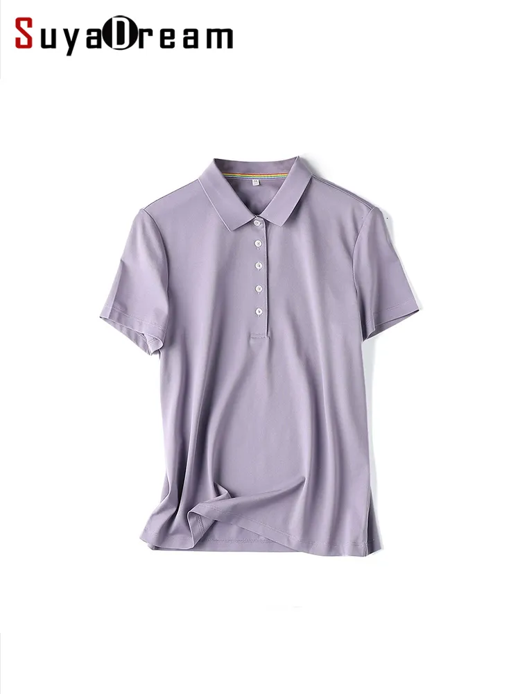 Polo da donna SuyaDream Polo da donna T-shirt in misto cotone di seta a maniche corte Solid Summer Tee Chic Tops Rosa Viola 230803