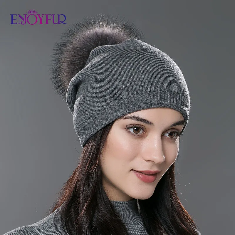 Chapeaux à large bord seau ENJOYFUR hiver femmes vraie fourrure pom chapeau tricoté épais chaud doublé bonnets chapeau dame mode bobble ski casquettes 230804