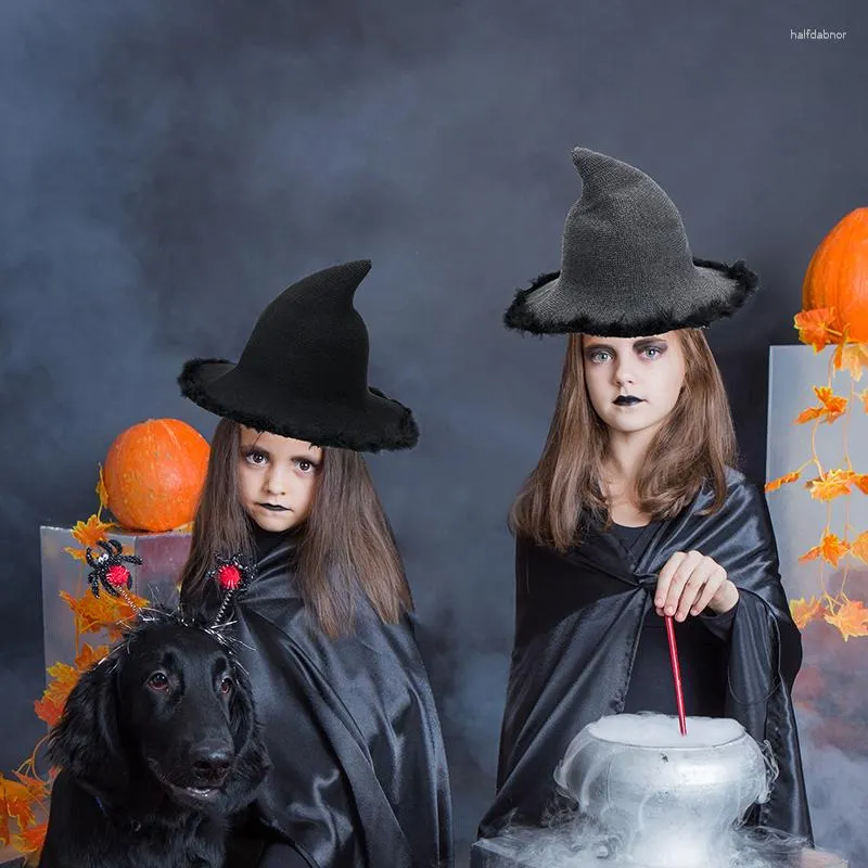 Berretti Halloween Witch Hat Women Plush Trim Wide Brim Pointed Masquerade Cosplay Party Costume Accessori Nero Grigio