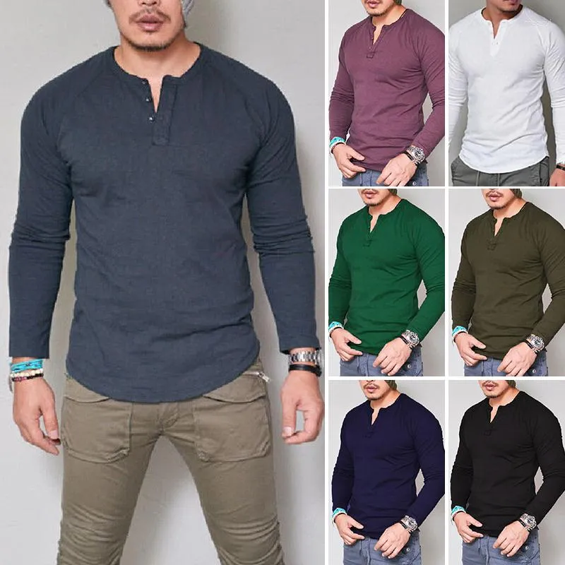 Hommes t-shirts hiver décontracté bas chemise bouton à manches longues T-shirt col rond coton couleur unie automne printemps vêtements