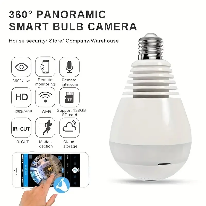 V380 Pro WiFi Bulb Camera - Telecamera di sorveglianza panoramica con rilevamento del movimento e pulsante di allarme, compatibile con lampadina E27