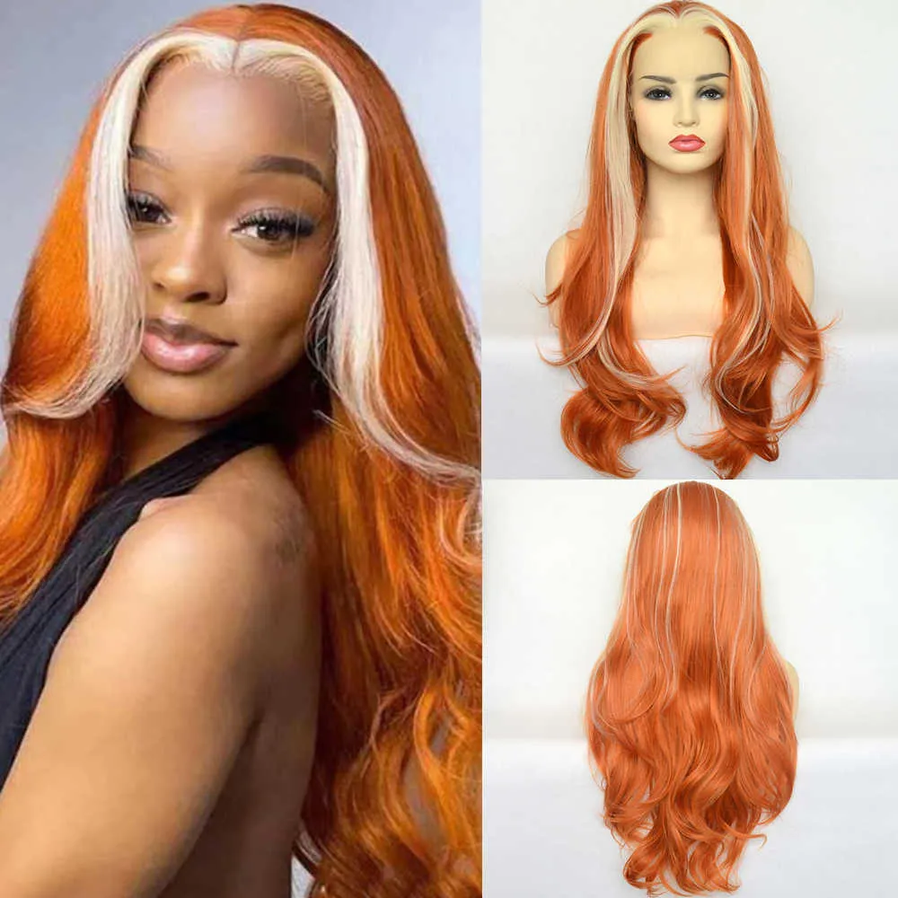 Capless pruiken van echt haar Vogue Queen Oranje Kleur Synthetische Lace Front Pruik Highlinght Blonde Lange Golf Pruiken Hittebestendige Vezel Cosplay Voor Vrouwen x0802