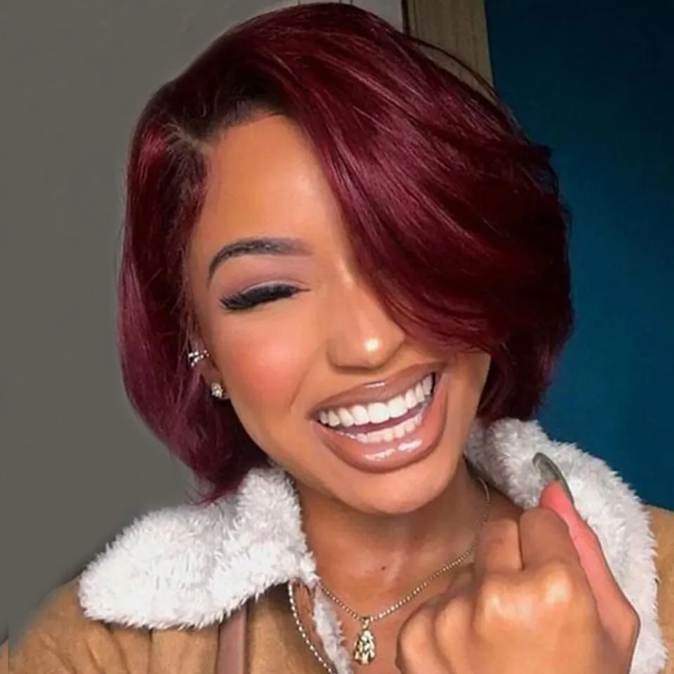Synthetic Wigs Burgundy Red Ombre Pixie Cut Short Bob Human Hair For Black Women Straight Colored 99J Non Lace Machine Made Side Part Wig 230803