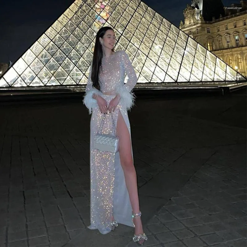 Luxury Diamond Festival Rave Feather Sequin Work Dress With Long Sleeves And Sexy Maxi Skirt For Womens Evening Cocktail Party Outfits From Chasebudinger 38.12 DHgate.Com