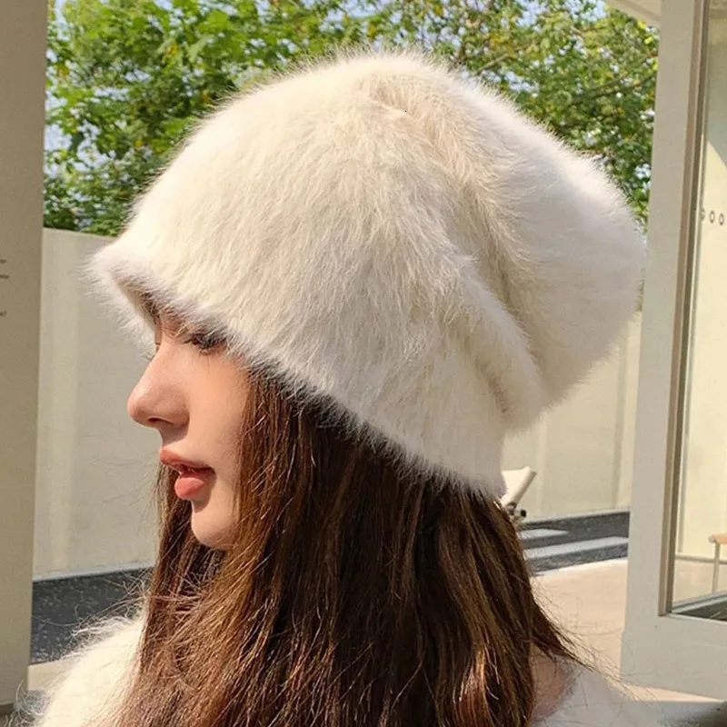 Winter Knitted Rabbit Fur bucket cap hat with Wide Brim for Women 