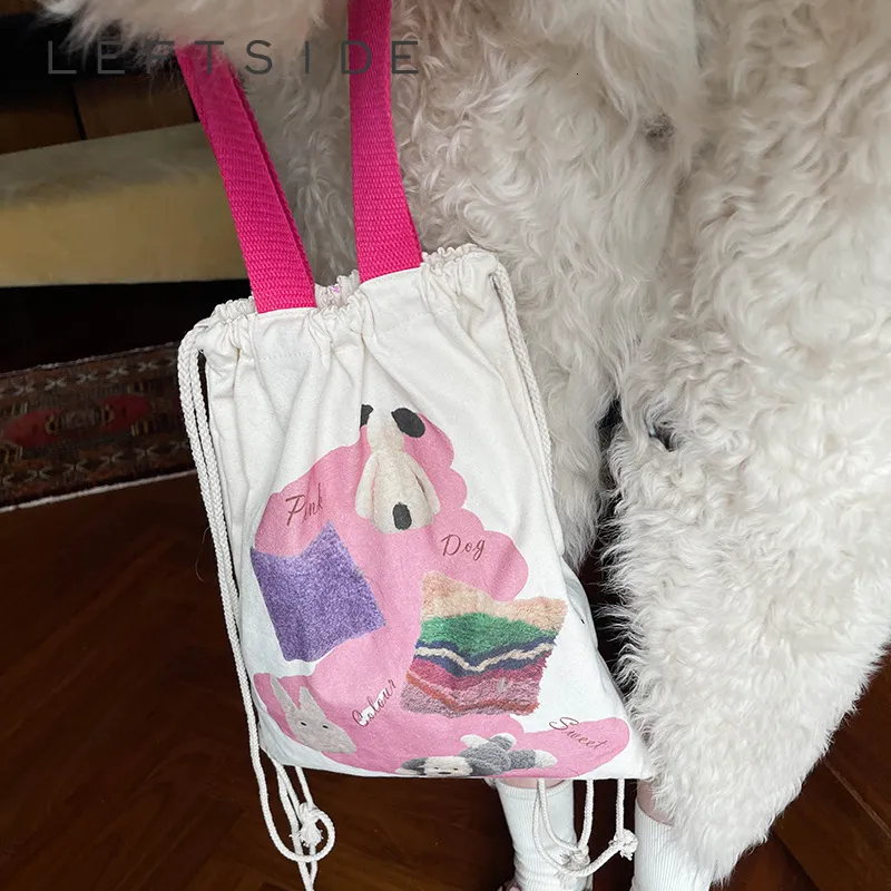 Mochila escolar Mochila com cordão para cachorro de desenho animado para mulheres Kawaii Algodão Y2k Estilo coreano Viagem Compras Mochila para meninas 230804