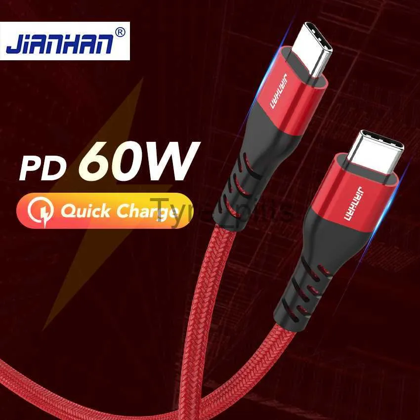 Laddare/kablar Jianhan USB C till USB C-kabel 60W QC 2.0/3.0 Type-C PD Fastladdningsdatakabel för Samsung Google Pixel Snabbladdningsladd x0804