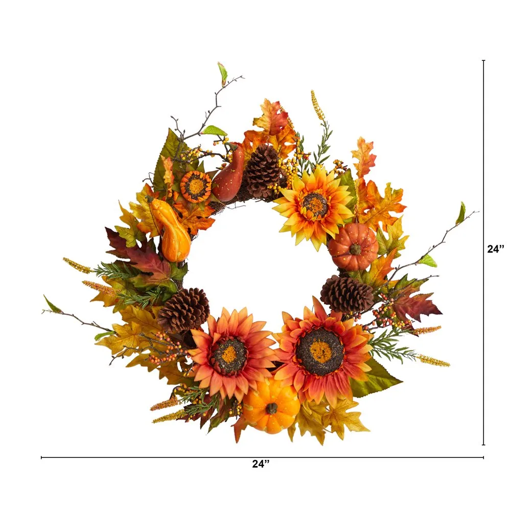 24 herbstliche Sonnenblumen, Kürbisse, Kürbisse, Tannenzapfen und Beeren. Künstlicher Herbstkranz, Orange