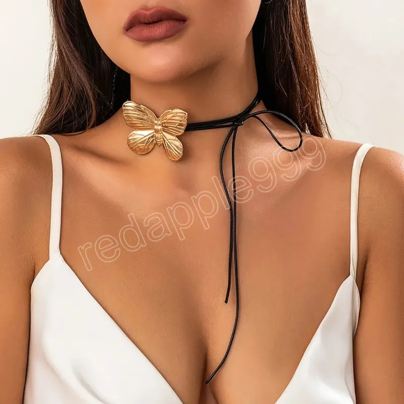 Correntes de corda longa com cadarço com gargantilha de borboleta para mulheres colarinho moderno e elegante no pescoço acessórios de joias da moda