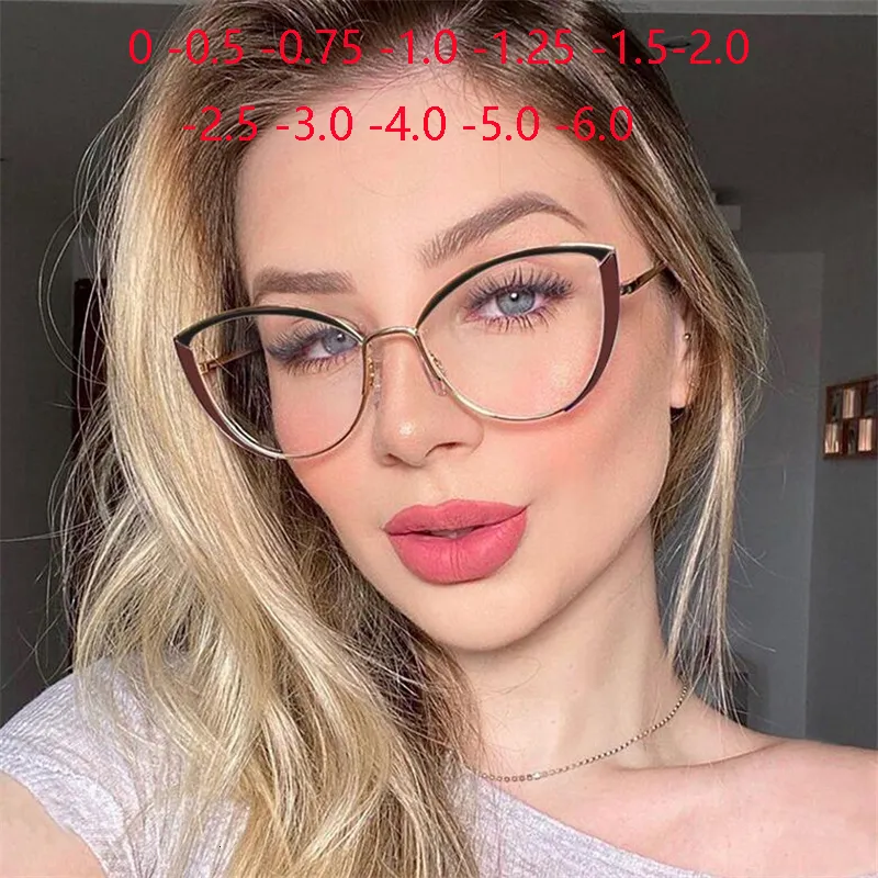 Reading Glasses Women Anti Blue Rays Cat Eye Prescription Glasses For The Nearsighted Metal Spring Leg Short-sight Eyewear 0 -0.5 -0.75 To -6.0 230804