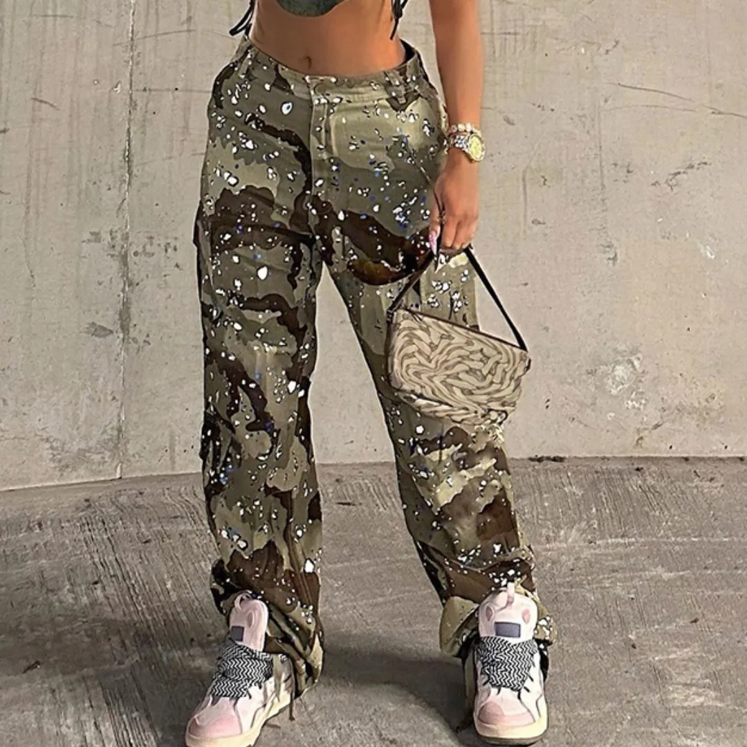 Kobiety S Camo Flare Cargo for Women Talle duży rozmiar kamuflażowy nadruk workowate technologie Patchwork Pocket Summer Streetwear Spodni 230803