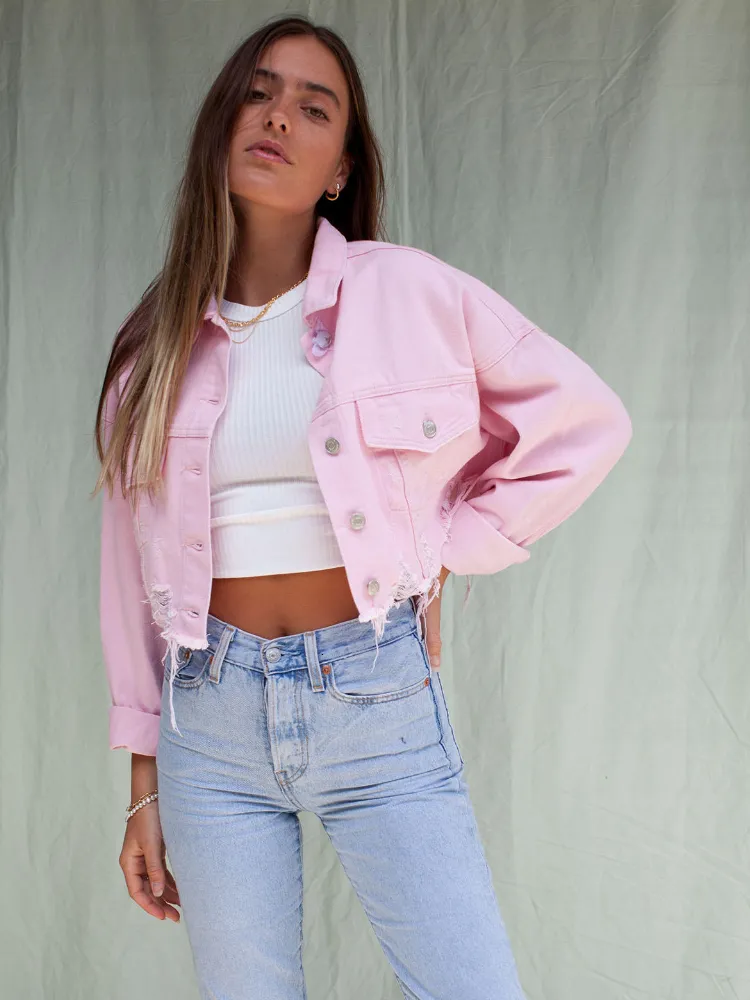 Jaquetas Femininas Jaquetas Denim Rosa Feminino Manga Comprida Gola Abaixada Streetwear Comprimento Curto Jaqueta Jeans Outono Solta Jaqueta Crop Casual Feminina 230803