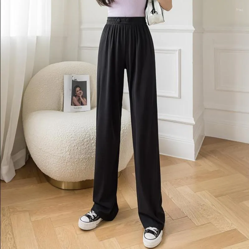 Woman's Casual Full-Length Loose Pants - Solid Stretchy High Waist