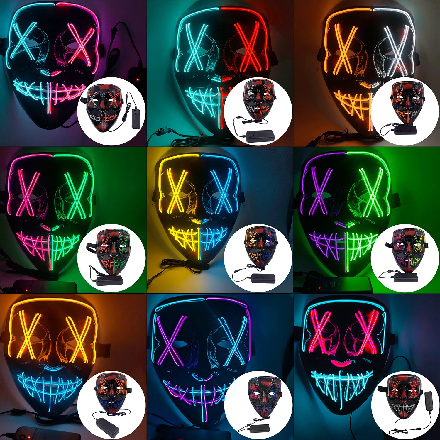 Masque Halloween Purgees Avec LED - 3 Modes Lumineux, Alimentation 2xAA, En PVC, Pour Cosplay Et Fête