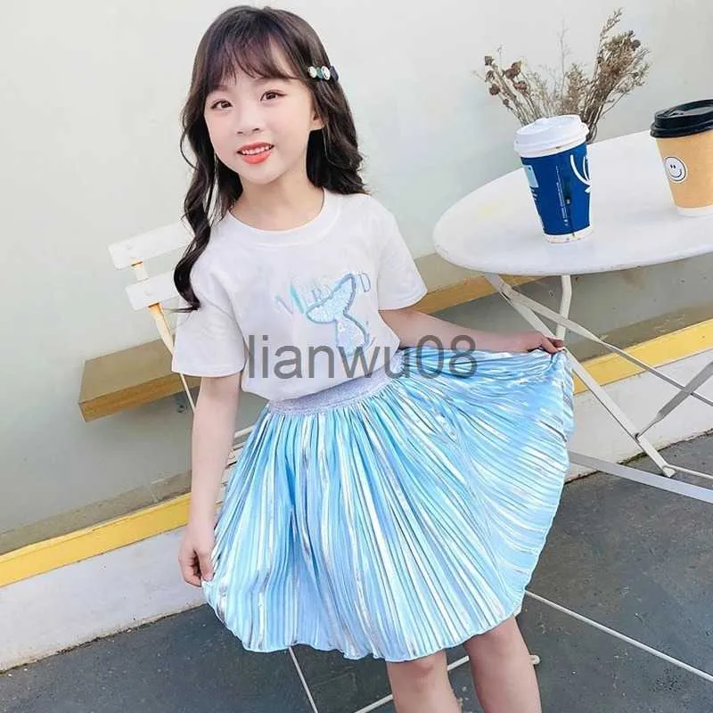 Zestawy odzieży 2022 Summer Nowe dziewczęta syrena dla dzieci z krótkim rękawem cekinowa tshirt Tshirt Twopiece koreańskie dziewczęta impreza spódnica księżniczka x0803