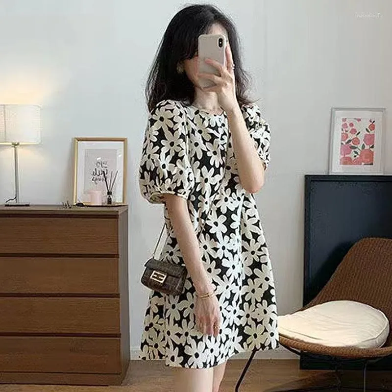 Casual Dresses Floral Dress Summer Black Mini Elegant Short Sleeve Korean Style All-Match Temperament Streetwear