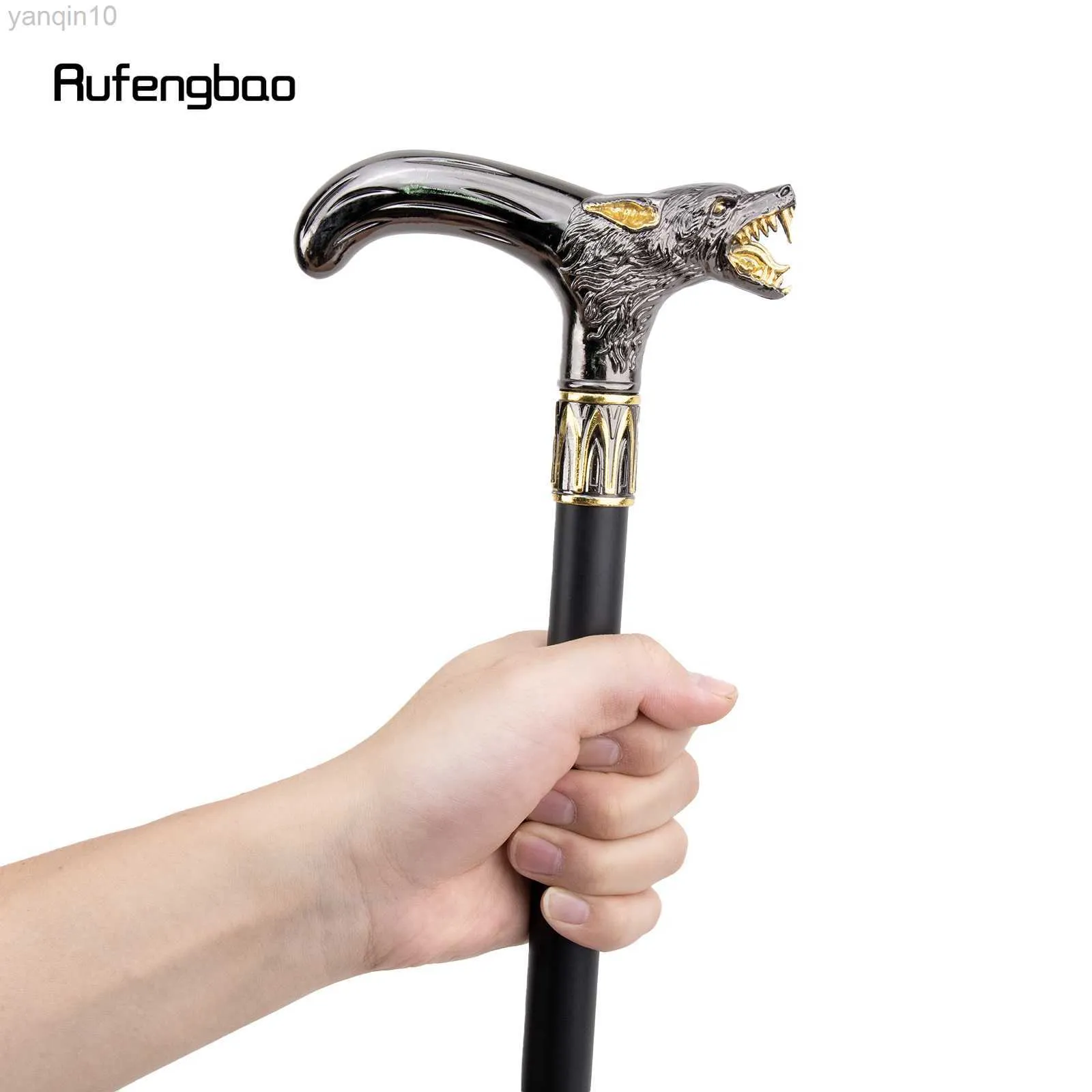 Golden Black Wolf Head Biting Walking Cane Fashion Decorative