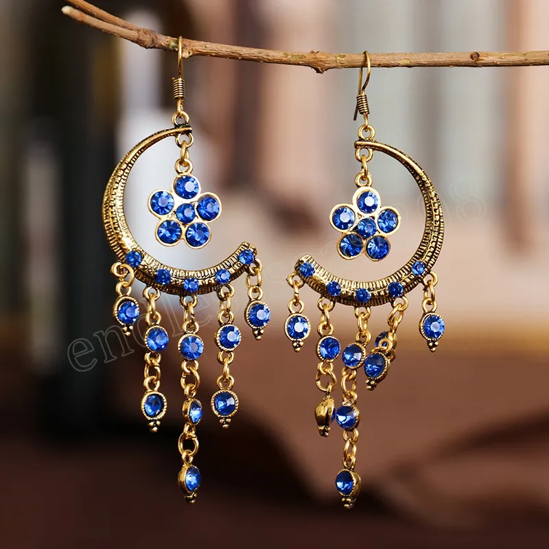 Orecchini pendenti con strass colorati lunghi etnici vintage per le donne Gioielli con orecchini a forma di luna con fiore creativo color oro