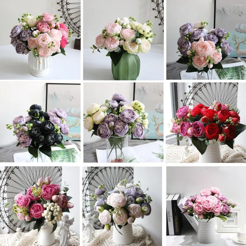 Fleurs décoratives simulées Bouquets de fleurs de Rose Faux 5 tissu coloré artificiel pour la décoration de bureau à domicile