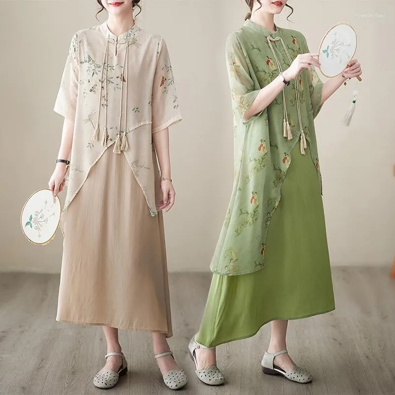 Ethnische Kleidung Grün Lose Blumen Cheongsam Ein Set Frauen Halbarm Band A-Linie Kleid 2 Stück Plus Größe Chinesischen Stil Qipao