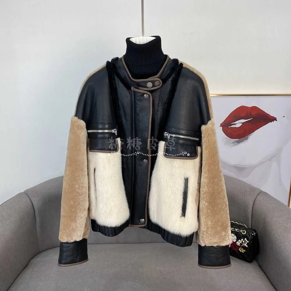 Winter sheepskin coat women leather jackets zipper Trench Coat luxury designer jacket Genuine leather mink stitching warm windbreaker