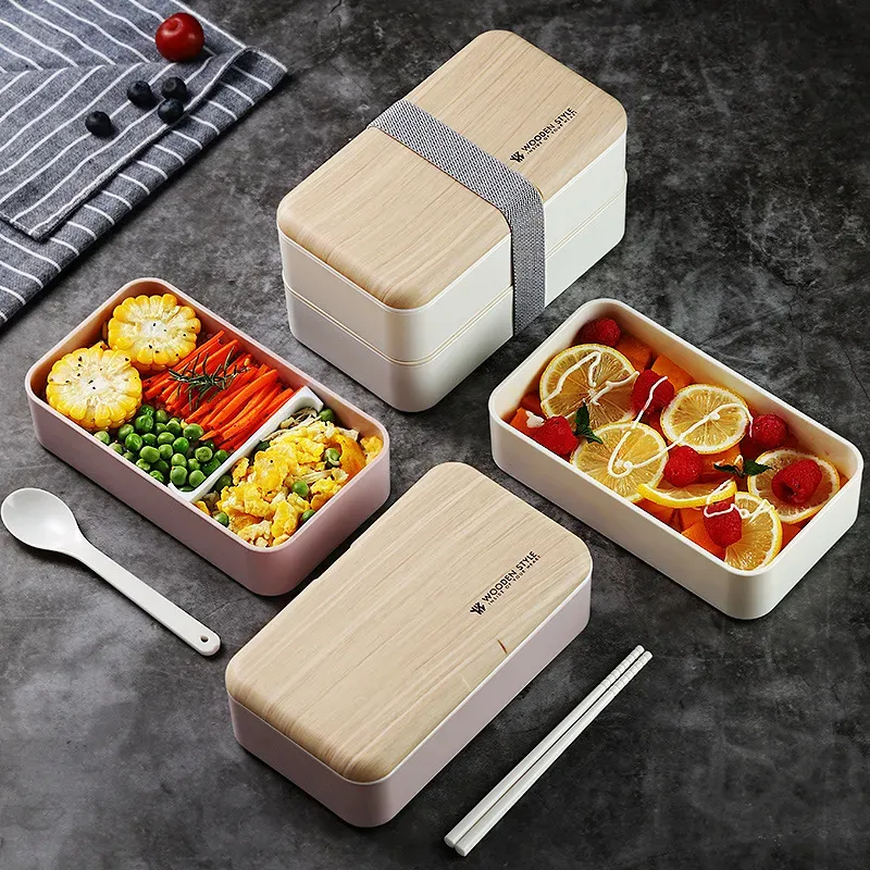 Doppelschichtige Lunchbox, 1200 ml, Holzgefühl, Salat, Bento-Boxen, Mikrowelle, tragbarer Behälter für Arbeiter, Studenten