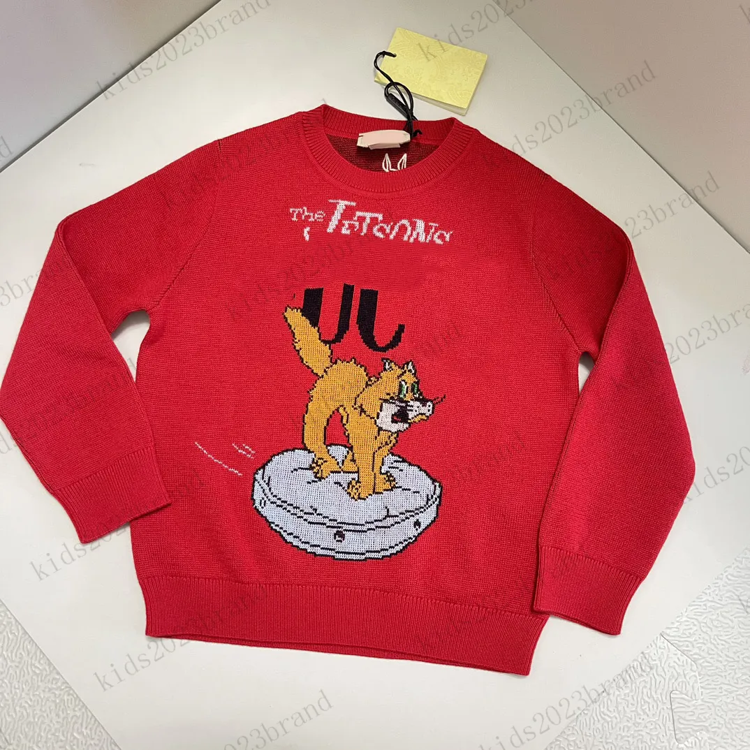 red color kids sweatshirts brand designer children knitted hoodies rund neck pullover lovely cat printing kids knitted sweaters