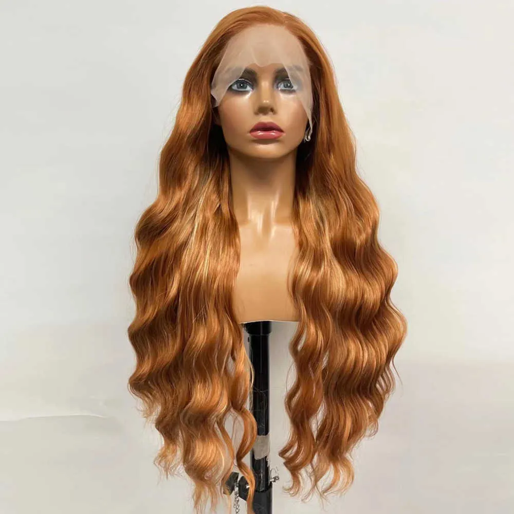 Capless pruiken van echt haar Synthetische Lace Front Breakdown Free Pruiken Voor Dames Lang Golvend BlondBruin Braziliaans DagelijksCosplay Anime High Temperature Fiber x0802