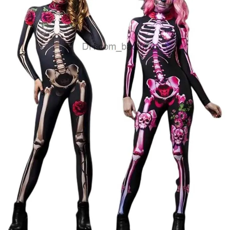 Temadräkt kvinnor halloween rollspel jumpsuit intressant skelett tätt montering jumpsuit 3d elastisk tät montering jumpsuit en bit vuxen z230804