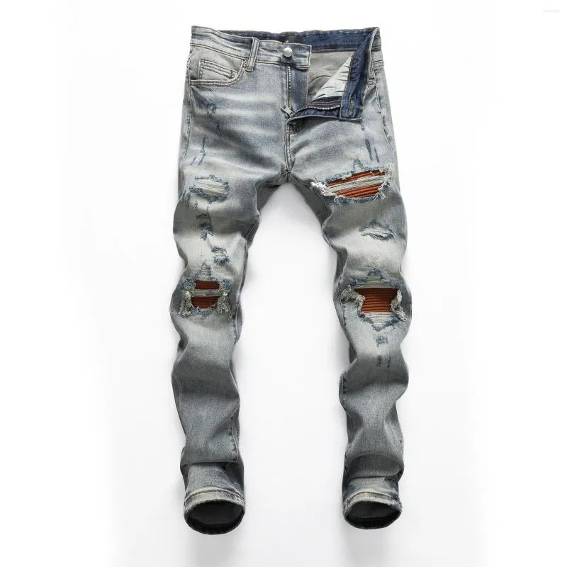 Herr jeans street modedesigner män retro blå stretch knappar byxor bruna lappade mager rippade hiphop byxor 8405