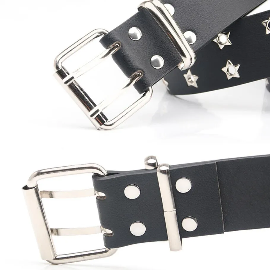 Star Eye Rivet Belt Goth Style Dubbel Pin Buckle Man/Woman Fashion Casual Puck Style Pu Leather Waistband Jeans Accessories