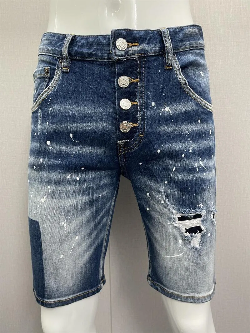 Men's Jeans 2023 Spring/Summer Fashion Washed And Worn Hole Patch Paint Slim Fit Micro Elastic Denim Shorts Men