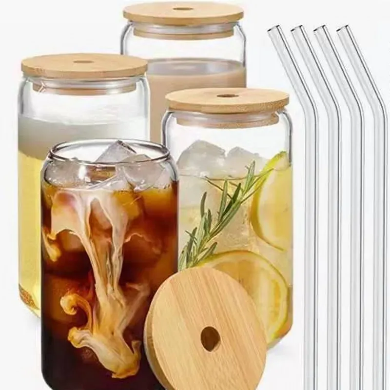 CA USA 12oz 16oz Sublimation Clear Glass Tumbler 12oz Frosted Cola Can Bamboo Lid Cocktail Cuct Cuct Whisky Coffee Jar Jar