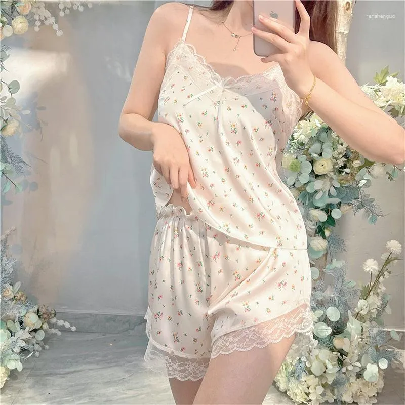 Indumenti da notte da donna Pigiama da donna Sexy con cinturino in pizzo Topshorts 2 pezzi Chemise PJS Tuta da notte Loungewear Pigiama in raso di seta Set Lingerie