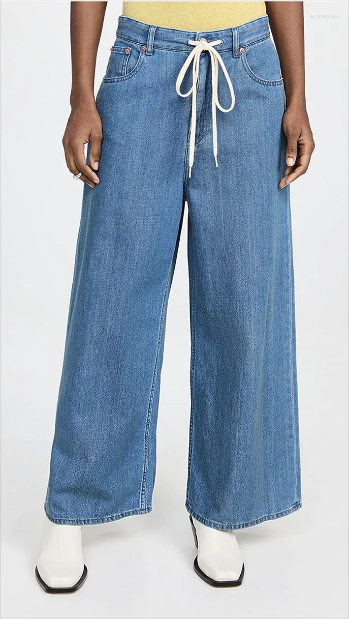 Jeans feminino 2023 primavera e verão seção fina cintura alta cordão solto calça larga perna
