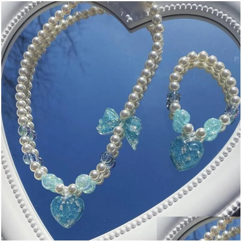 Hänghalsband y2k smycken glänsande hjärthalsband för kvinnliga pärlor lolita tillbehör harajuku vintage armband set charms 90s drop dhrcx