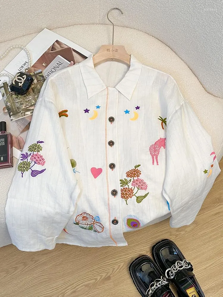 Blusas de mujer coreana Vintage Y2K estampado suelto manga larga camisa de un solo pecho 2023 verano Casual Turn-Down Collar blusa holgada Top