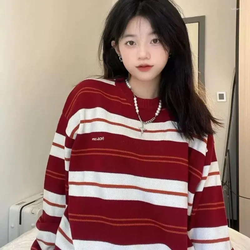 Женские свитеры осень осени японского стиля контрастный цвет полосатый свитер колледж свободный ленивый вязаный вязаный нише