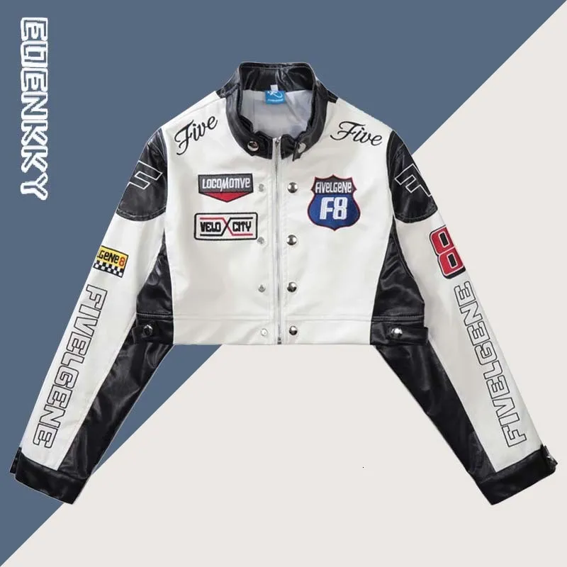 Y2k Pink Motorcycle Jacket Women's Short PU Leather Patchwork Coat,  Spring Autumn Streetwear Harajuku Outerwear