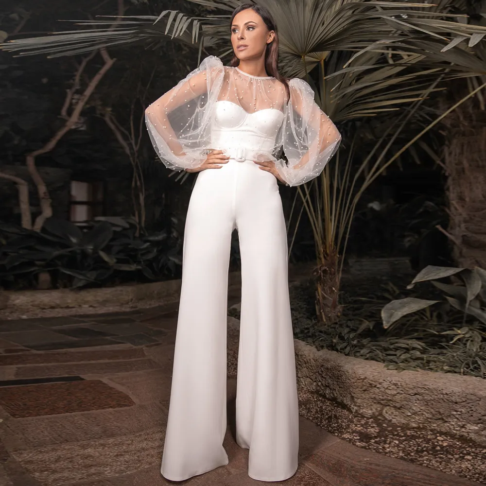 Chérie Combinaison Robes De Mariée avec Veste Sheer Puff Sleeve Manteau Tenue Droite Robe De Mariée 2 Pièces Pantalon Robe De Novia