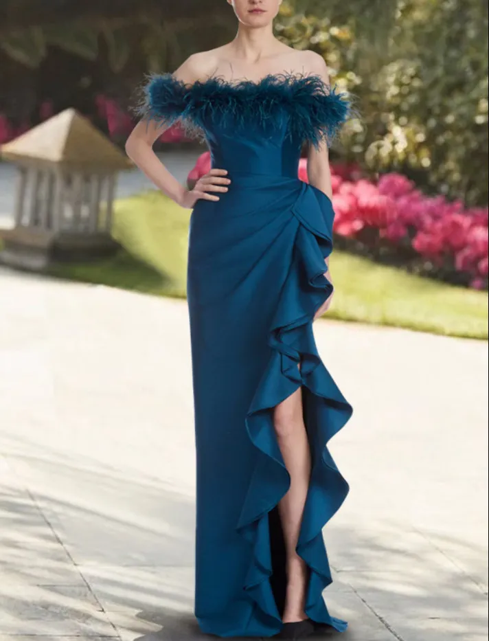 Elegante lange blauwe off-shoulder galajurken met veren zeemeermin taffeta rug robe de soiree vloer lengte formele feestjurken voor vrouwen