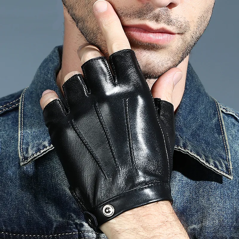 Black Leather Gloves Mens Half Finger Gloves Tactical Fingerless - Main Image