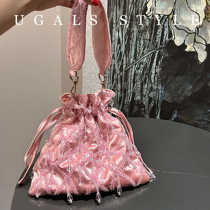 Evening Bags Tassel Beaded Pink Silk Bucket Handbags Ladies Cute Transparent Chain Shiny Luxury Designer Clutch Bags High Quality 230803