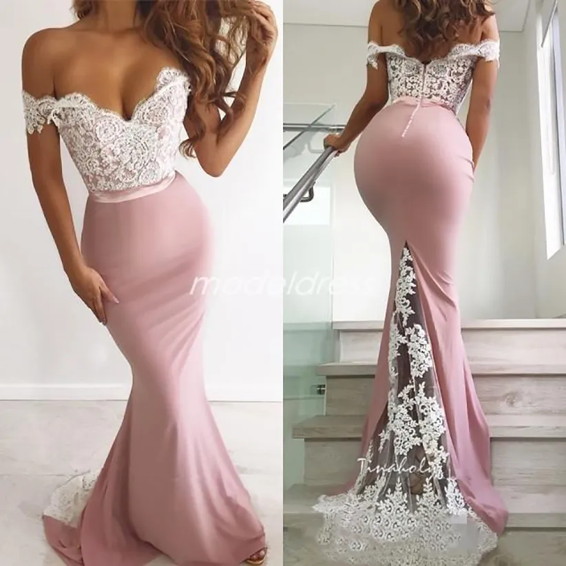 2023 Hors Épaule Robes De Demoiselle D'honneur Dos Nu Balayage Train Appliques Illusion Corsage Jardin Pays Arabric Mariage Invité Robe Demoiselle D'honneur Robe