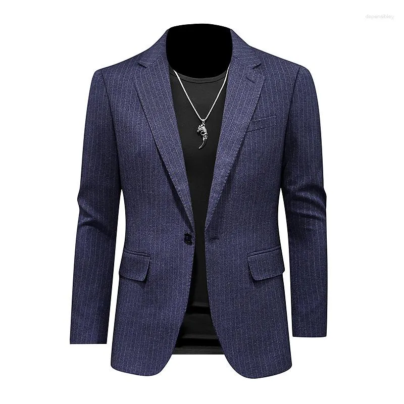 Costumes pour hommes printemps marque de mode rayure Blazers hommes costume décontracté modèle Version coréenne bleu mâle mince