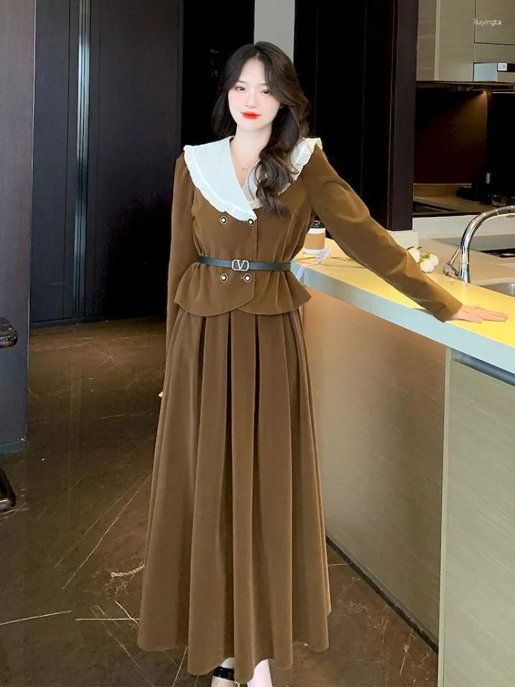 Robe deux pièces UNXX mode ensemble femmes printemps dentelle poupée cou haut ajusté jupe plissée costume doux Kawaii tenues marron fée ensembles