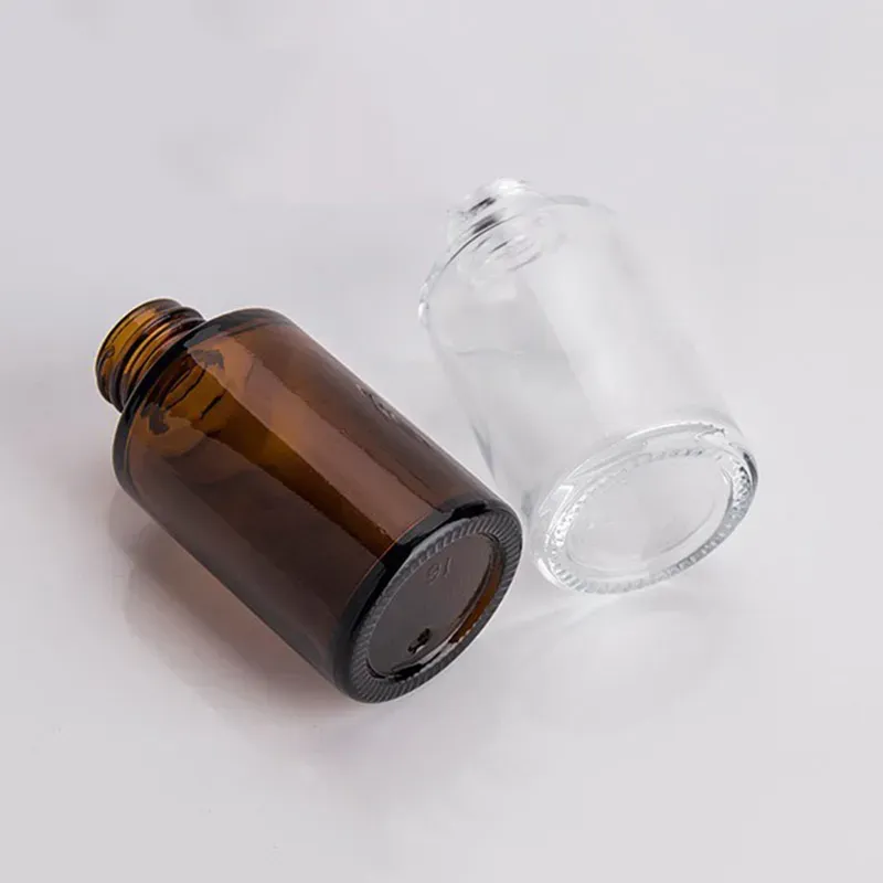 30ML Glass Bottle Flat Shoulder Frosted/Transparent/Amber Round  Oil Serum Dropper Bottle Portable Empty Cosmetic Bottles